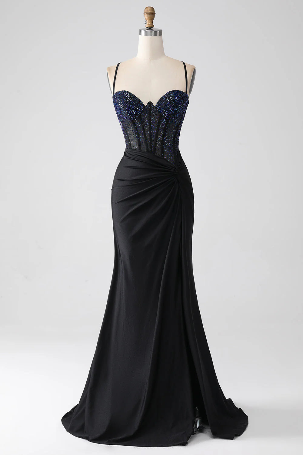 Vestido de fiesta largo con corsé y tirantes finos de sirena con cuentas